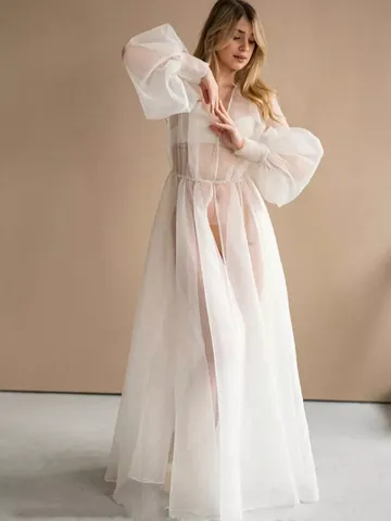 Französischer Vintage Spitze Netz Morgenmantel V-Ausschnitt Langarm Transparenter Brautmantel Für Damen Hochzeit Party Lingerie Robe