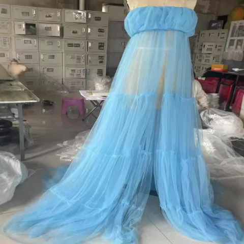 French Style Off-Shoulder Tulle Maternity Dress Solid Color Ruched Mesh Tiered Long Gown For Photography Women Apparel