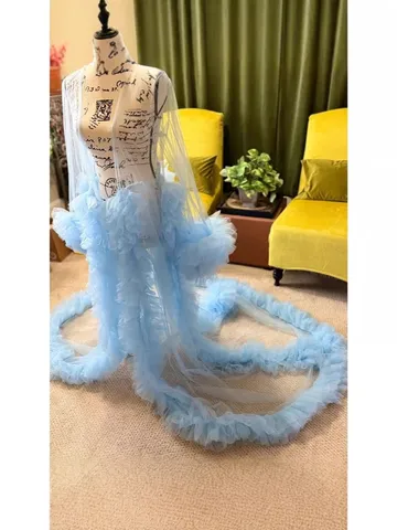 Maternity Photography Mesh V Neck Tie Up Dress With Long Train Ruffle Sleeve Solid Color Elegant Pregnant Women Shoot Gown