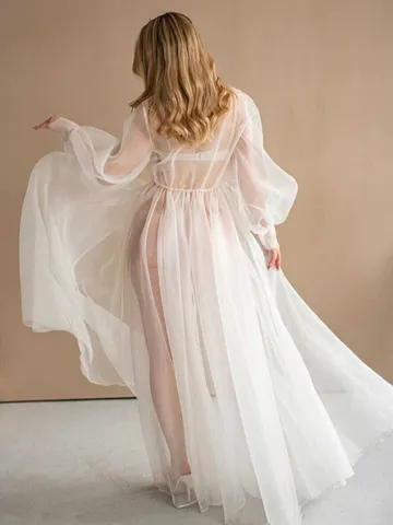 Französischer Vintage Spitze Netz Morgenmantel V-Ausschnitt Langarm Transparenter Brautmantel Für Damen Hochzeit Party Lingerie Robe