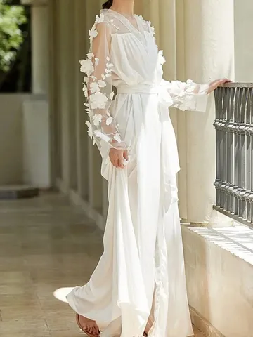 French Style Sexy Satin Nightgown For Women Wedding Long Bridal Robe V-Neck Mesh 3D Flower Dress Summer Spring Sleepwear