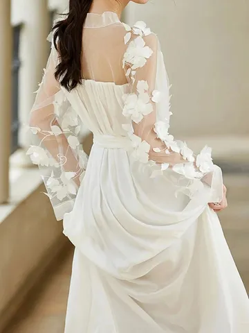 French Style Sexy Satin Nightgown For Women Wedding Long Bridal Robe V-Neck Mesh 3D Flower Dress Summer Spring Sleepwear