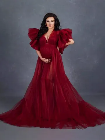 Deep V Neck Mesh Maternity Gown For Photography Puffy Sleeve Tulle See Through Pregnant Dress For Photoshoot Floor Length