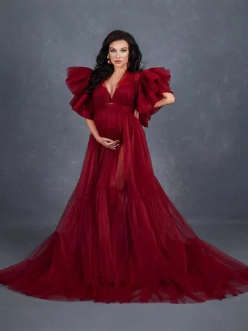 Deep V Neck Mesh Maternity Gown For Photography Puffy Sleeve Tulle See Through Pregnant Dress For Photoshoot Floor Length