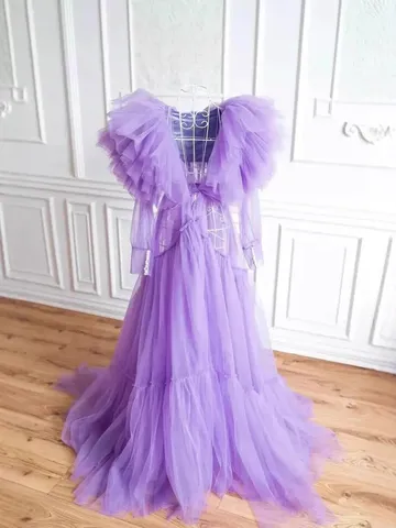 Plus Size Mesh Maternity Photography Gown High Waist Ruffle V-Neck Long Sleeve Floor Length Polyester Dress For Studio Photo Shoot