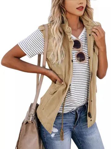 Women Fashion Solid Color Cargo Vest Trendy Lapel Sleeveless Zipper Jacket Outerwear Pocket Drawstring Polyester Waistcoat Casual Top