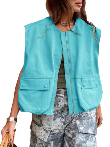 Women's Casual Sleeveless Pocket Vest Polyester Solid Color Zip Up Cardigan Jacket Outerwear For Women Fashion Streetwear