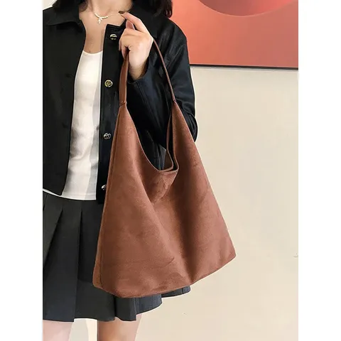 Women's Large Capacity Suede Velvet Tote Bag Vintage Commuter Hobo Shoulder Bag Casual Soft Shopping Bag