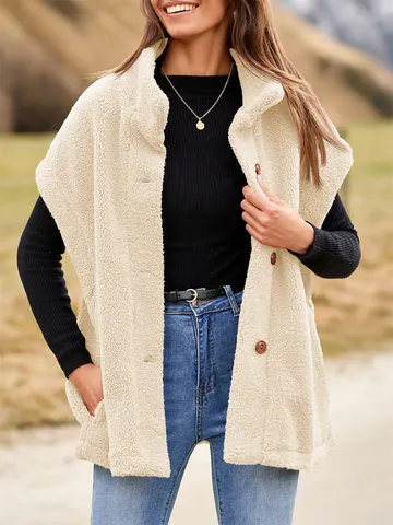 Women's Solid Color Stand Collar Teddy Fleece Vest Fashion Single Breasted Sleeveless Jacket With Pockets Warm Casual Outerwear Top