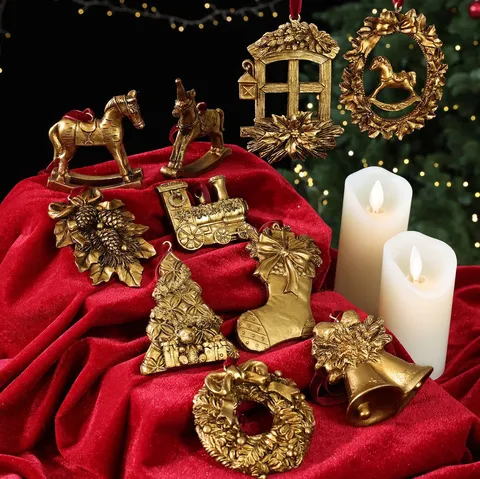 Antique Gold Christmas Tree Resin Hanging Ornaments Retro Bell Train Rocking Horse Stocking Pinecone Window Wreath Festive Party Decor