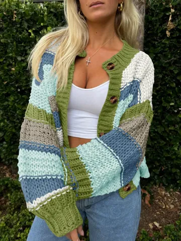 Women Color Block Striped Chunky Knit Cardigan Sweater Hollow Out Button Front Long Sleeve Casual Elegant Knitted Jacket Top
