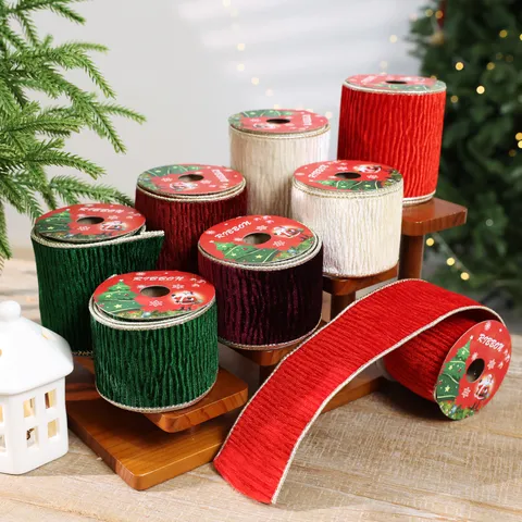 Cinta de Navidad de Terciopelo Con Borde de Alambre Cinta de Seda Plisada Con Borde Dorado para Decoración de Árbol de Navidad DIY