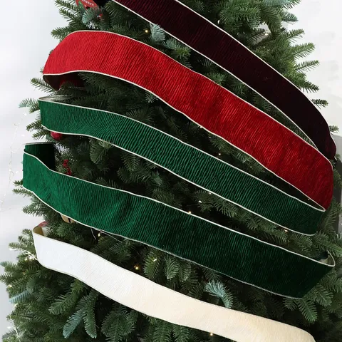 Cinta de Navidad de Terciopelo Con Borde de Alambre Cinta de Seda Plisada Con Borde Dorado para Decoración de Árbol de Navidad DIY
