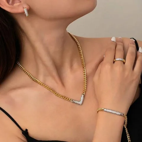 Two Tone Geometric V Shaped Rhinestone Necklace Bracelet Ring Earrings Jewelry Set Copper Fashion Jewelry