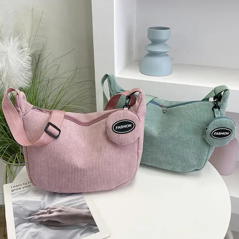 Women Corduroy Dumpling Bag Casual Versatile Zipper Shoulder Bag Urban Minimalist Hobo Bag Daily Handbag