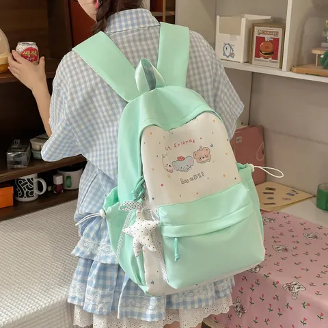 Nylon Rucksack Große Kapazität Für Schülerinnen Farbblock Lässiger Schulrucksack Im Preppy Stil Mit Cartoon Tiermuster Schultertasche