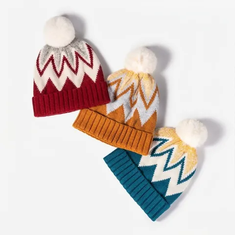 Damen Winter Warm Kaninchenhaar Strick Mütze Mit Weißem Pompon Süß Geometrisch Jacquard Lässig Einfarbig Slouchy Cap