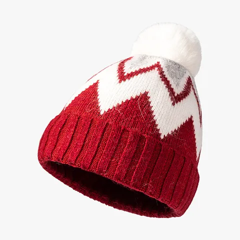 Damen Winter Warm Kaninchenhaar Strick Mütze Mit Weißem Pompon Süß Geometrisch Jacquard Lässig Einfarbig Slouchy Cap