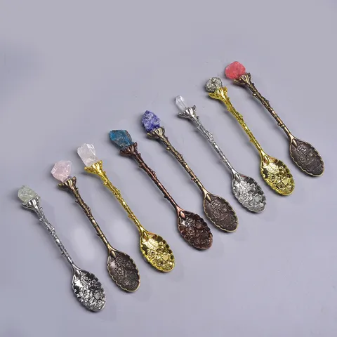 Vintage Geschnitzter Rührlöffel Natürlicher Kristallstein Metallgriff Dessertlöffel Teezubehör Dekorativer Löffel