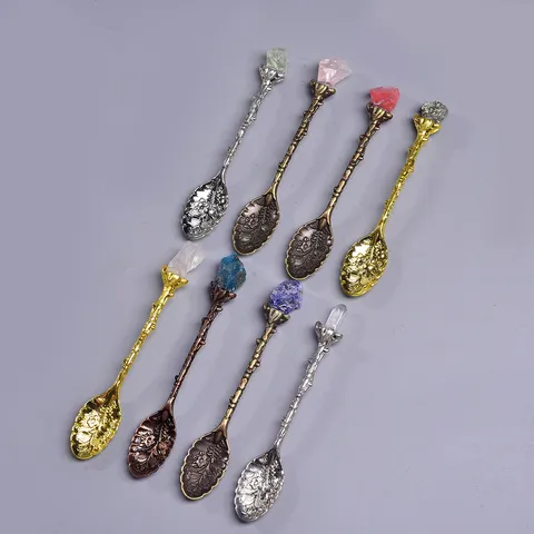 Vintage Geschnitzter Rührlöffel Natürlicher Kristallstein Metallgriff Dessertlöffel Teezubehör Dekorativer Löffel