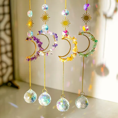 Natuurlijk Kristal Grind Holle Maan Zon Vanger Windspel Hangend Ornament Edelsteen Genezing Huis Decor Raam Hanger