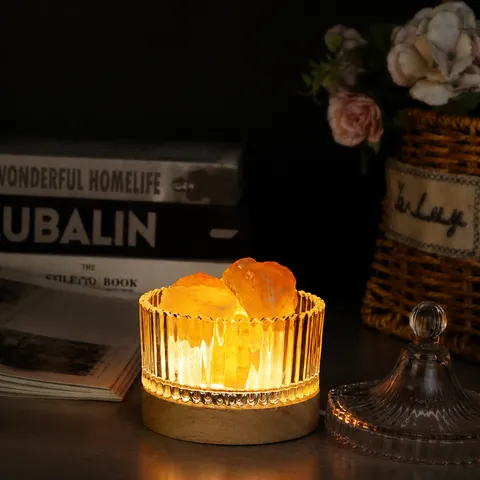 Himalayan Crystal Salt Lamp Aromatherapy Night Light Glass Jar Wooden Base USB Powered Bedroom Bedside Ambient Lighting