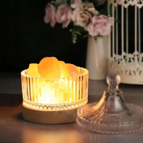 Lámpara de Sal de Cristal del Himalaya Luz Nocturna de Aromaterapia Tarro de Vidrio Base de Madera Alimentada por USB Iluminación de Ambiente de Cabecera