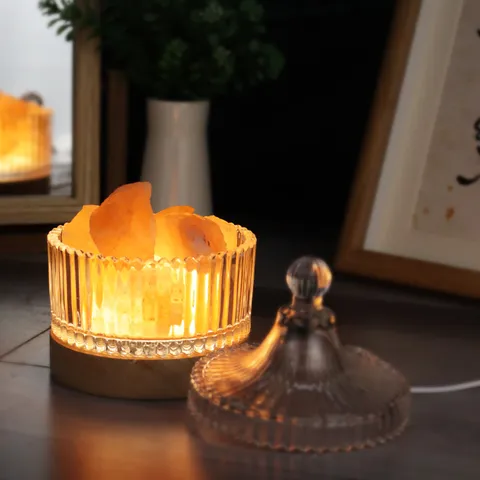 Lámpara de Sal de Cristal del Himalaya Luz Nocturna de Aromaterapia Tarro de Vidrio Base de Madera Alimentada por USB Iluminación de Ambiente de Cabecera