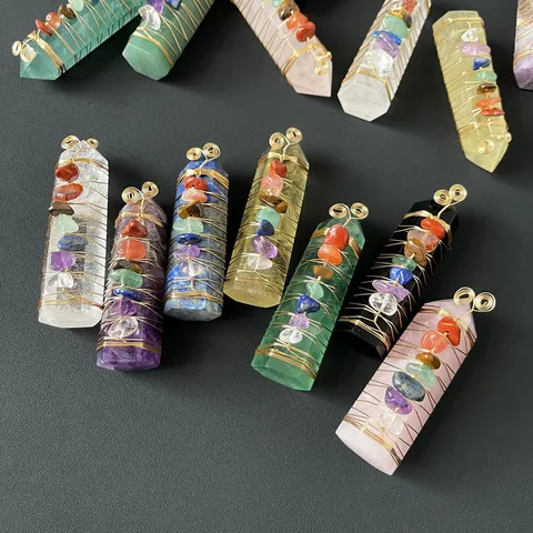 Natural Crystal Stone Hexagon Column Pendant Handmade Wire Wrapped Mineral Gemstone Crystal Pillar Jewelry Gift