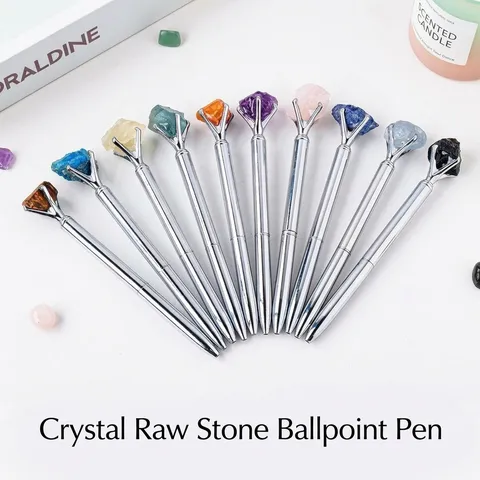 Natural Crystal Raw Stone Ballpoint Pen Creative Semi Precious Stone Metal Silver Signature Pen Office Stationery Gift