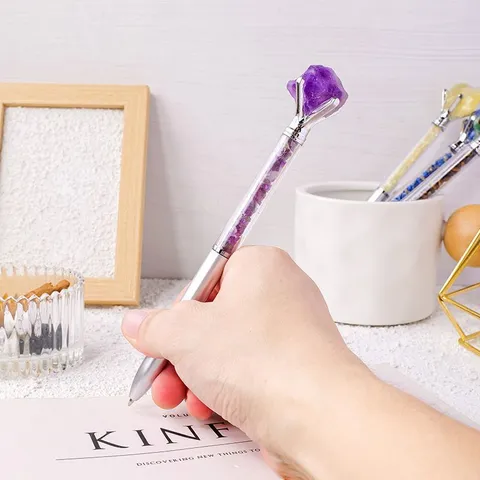Creative Natural Crystal Rough Stone Ballpoint Pen Metal Sign Pen With Crushed Stone Filling Office Stationery Gift