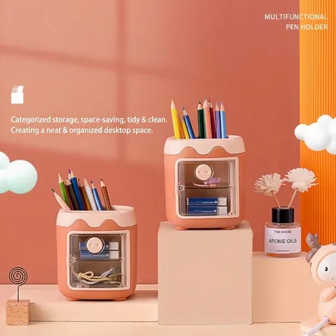 Cute Cartoon Pig Multi-Grid Pen Holder Desktop Stationery Storage Box With Drawer And Dustproof Door Student