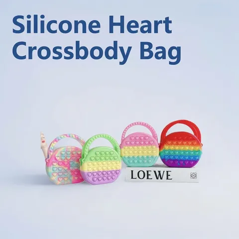 Silicone Pop It Crossbody Bag Cute Heart Fidget Purse Rainbow Macaron Gradient Design Handbag Girls Casual Fashion Bag