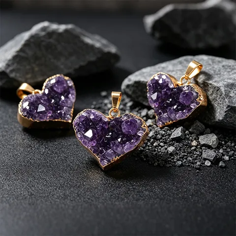 Natural Amethyst Cluster Heart Pendant Necklace With Chain Leather Cord Crystal Raw Stone Jewelry