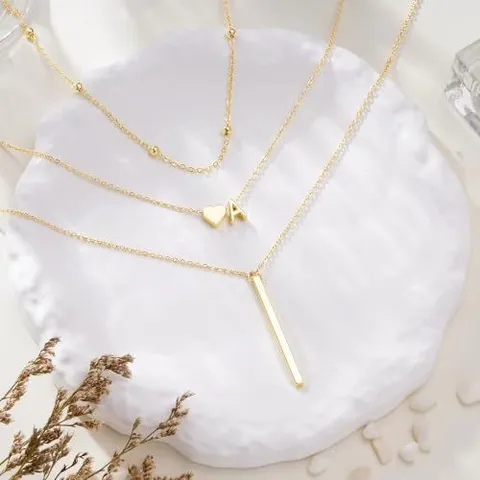 Copper Layered Triple Chain Necklace For Women Gold Plated Heart Vertical Bar Letter Pendant Initial Choker Fashion Jewelry Gift