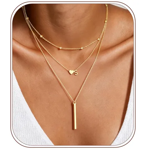 Copper Layered Triple Chain Necklace For Women Gold Plated Heart Vertical Bar Letter Pendant Initial Choker Fashion Jewelry Gift