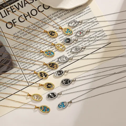 Stainless Steel Tarot Card Pendant Necklace Waterproof 18k Gold Plated Zircon Oval Jewelry Gift For Women