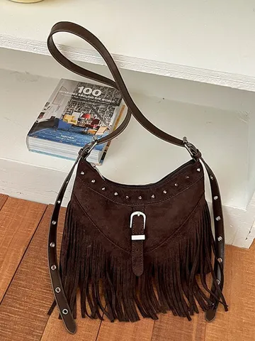 Women's Bohemian Faux Suede Fringe Shoulder Bag With Rivets Vintage Tassel Underarm Bag PU Leather Crossbody Purse For Commuting Daily
