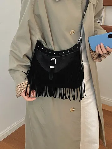 Women's Bohemian Faux Suede Fringe Shoulder Bag With Rivets Vintage Tassel Underarm Bag PU Leather Crossbody Purse For Commuting Daily