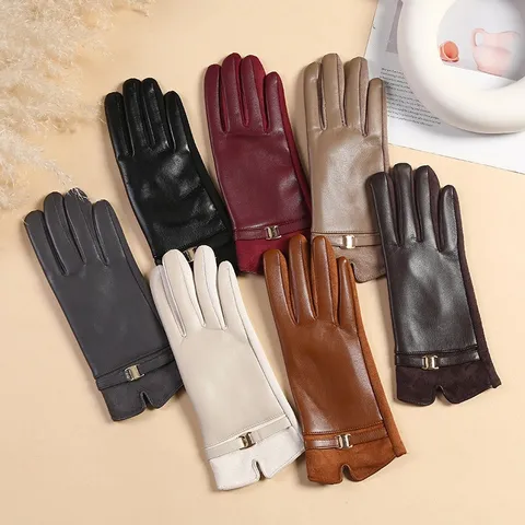 Women Winter Faux Leather Gloves Warm Fleece Lined Touchscreen Driving Cycling Gloves With Metal Buckle Outdoor Windproof