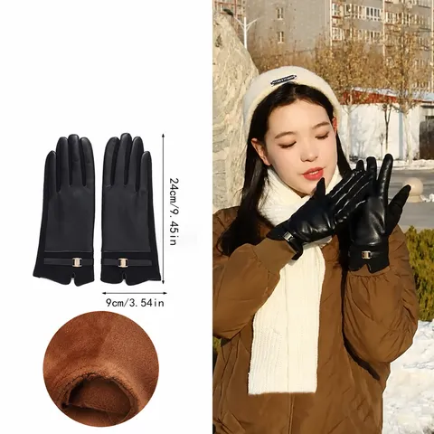 Gants d'Hiver en Similicuir pour Femmes Doublés de Polaire Chaude Écran Tactile Gants de Conduite Cyclisme Avec Boucle en Métal Coupe-vent