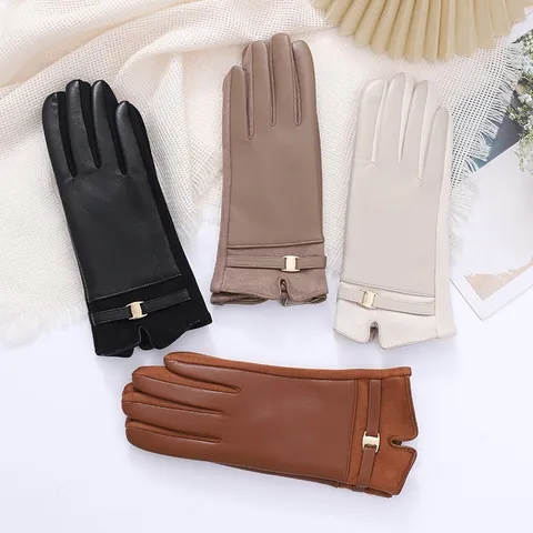 Women Winter Faux Leather Gloves Warm Fleece Lined Touchscreen Driving Cycling Gloves With Metal Buckle Outdoor Windproof