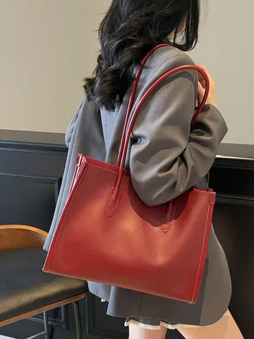 Sac Cabas en Cuir PU pour Femmes Grande Capacité Couleur Unie Sac à Bandoulière Décontracté Avec Pochette Assortie Sac à Main