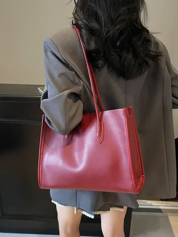 Sac Cabas en Cuir PU pour Femmes Grande Capacité Couleur Unie Sac à Bandoulière Décontracté Avec Pochette Assortie Sac à Main