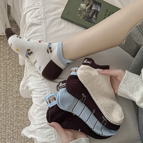 Women Cute Cotton Boat Socks Breathable Thin Dog Embroidery Animal Ears Ankle Socks For Spring Summer Casual Daily Wear