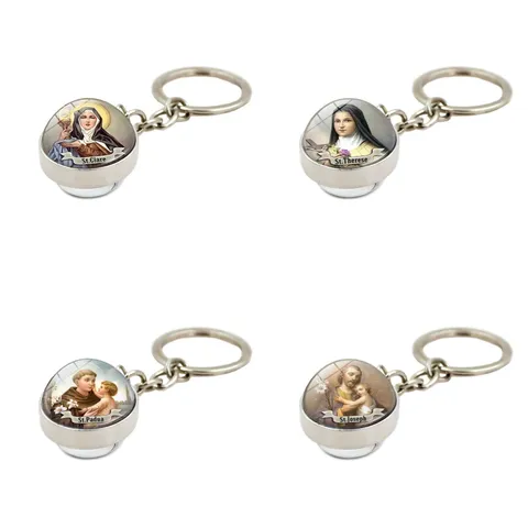Religious Saint Glass Ball Pendant Keychain St Francis St Clare Metal Key Ring Holder Fashion Jewelry Gift
