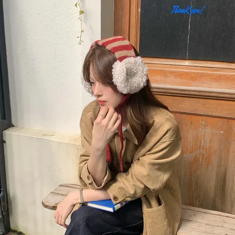 Dames Koreaanse Stijl Lamswol Gestreepte Gebreide Oorwarmers Winter Warm Winddicht Oorbeschermers Met Strikband Outdoor Koud Weer Accessoire