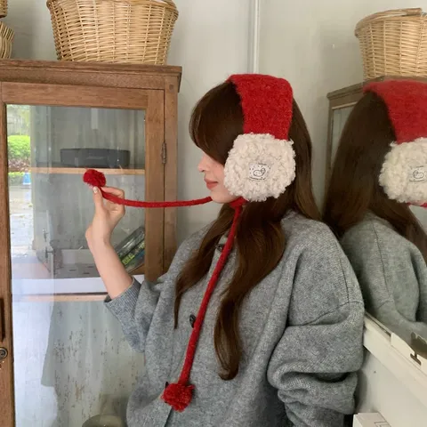 Dolci Paraorecchie in Lana d'Agnello per Donna Autunno Inverno Caldi Paraorecchie in Peluche con Palline di Pelo Appese Antivento