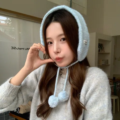 Sciarpa Paraorecchie in Maglia Stile Coreano da Donna Calda Invernale Paraorecchie con Pompon Allacciato Protezione per Orecchie Outdoor