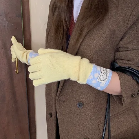 Women Long Knitted Polka Dot Gloves Mixed Fabric Winter Warm Touchscreen Color Block Full Finger Mittens Korean Style Daily Accessories